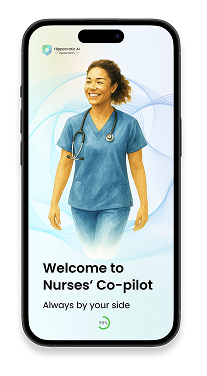 Smiling nurse in blue scrubs on a light background app welcome screen reads Welcome to Nurses Co pilot and Always by your side