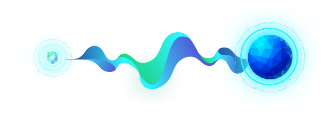 Abstract digital wave connecting a small pale orb on the left to a large faceted blue sphere on the right with glowing cyan halos suggesting energy transfer or connectivity