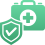 Medical first aid kit with a shield and checkmark symbolizing safety and health protection