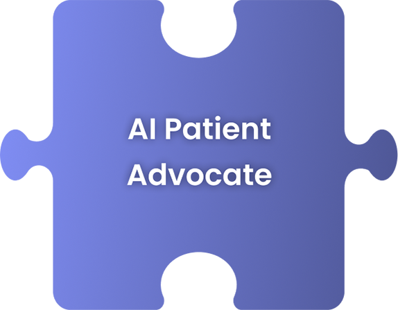 Brand graphic reading AI Patient Advocate on a blue gradient background