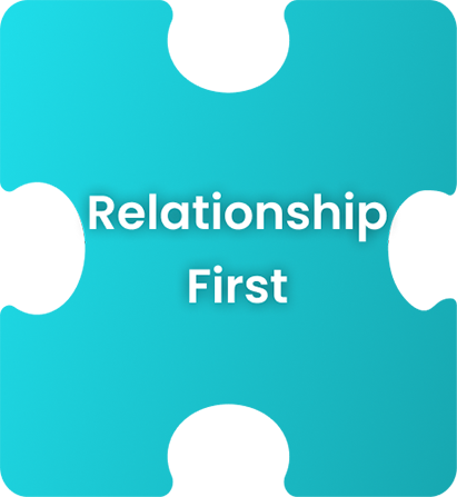 Graphic with a teal gradient background and the phrase Relationship First centered with decorative torn edge accents on each side