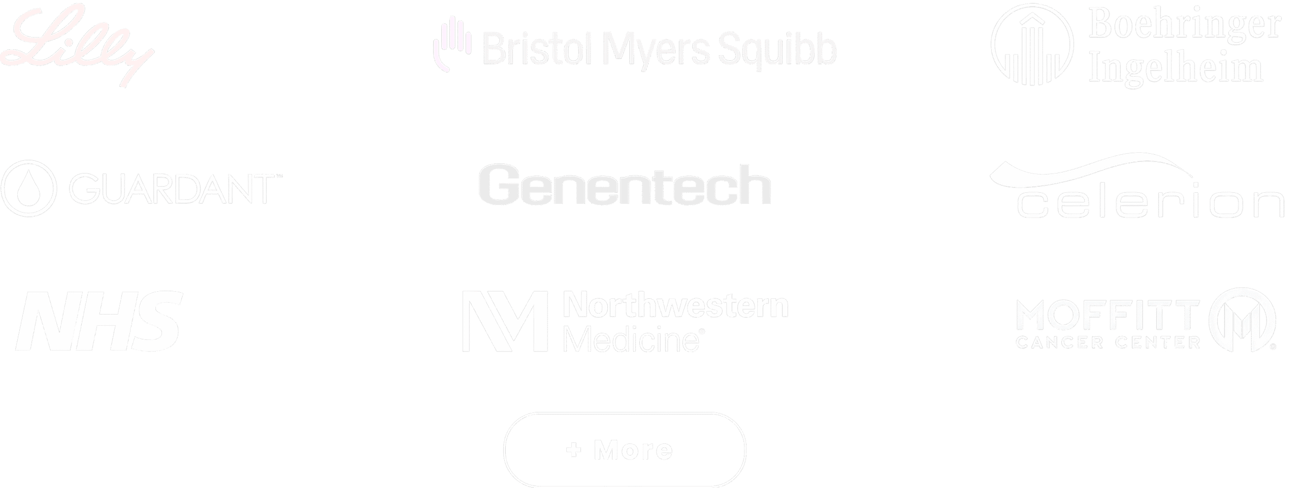 Sponsor logos Lilly Bristol Myers Squibb Boehringer Ingelheim Guardant Genentech Celerion NHS Northwestern Medicine Moffitt Cancer Center plus a + More button