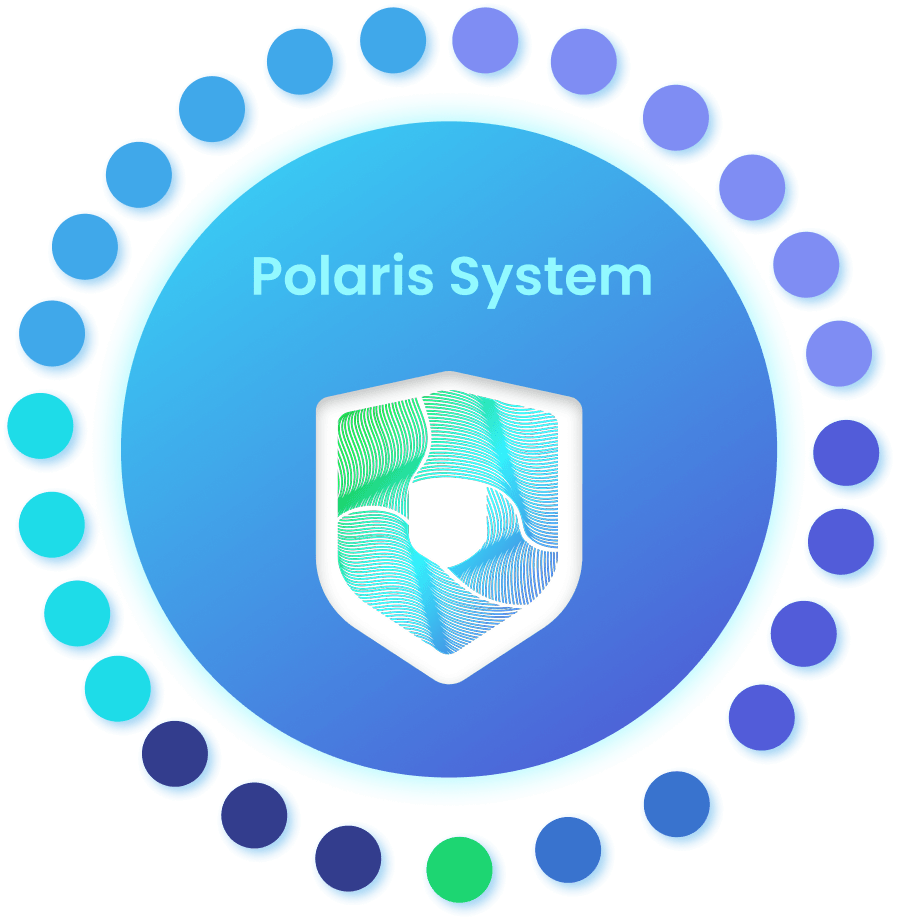 Polaris System logo blue circular badge with a shield and abstract green blue pattern in the center text Polaris System above the shield