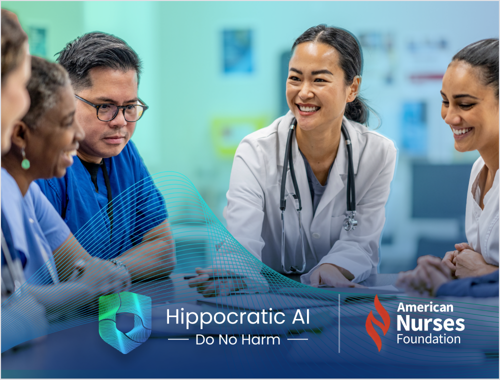 Diverse medical team collaborating around a table with hippocratic ai and american nurses foundation branding in the foreground