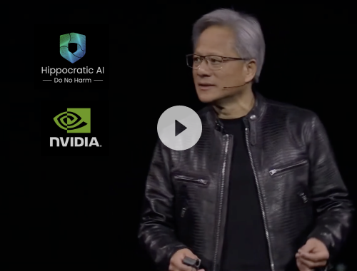 Video thumbnail: man in a black leather jacket on stage with a circular play button overlay; Hippocratic AI and NVIDIA logos appear on the left side.